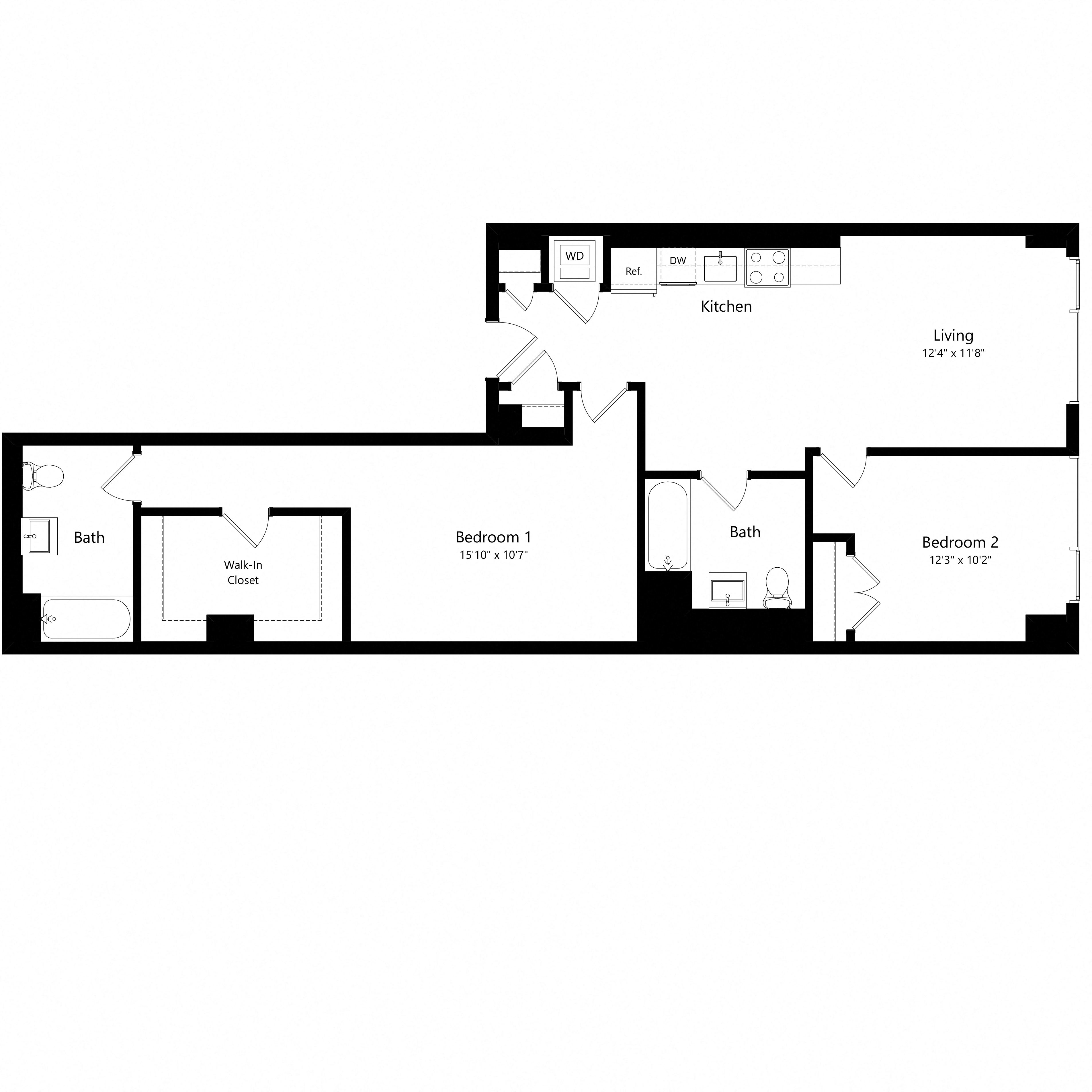 Floor plan for 2 beds, 2 baths, 1056 sqft